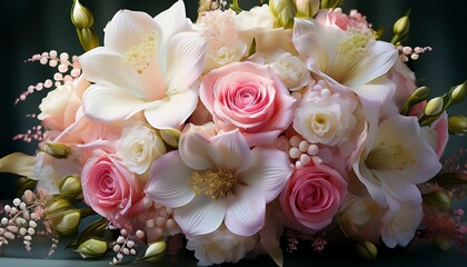 Klassischer wei&szlig;-rosafarbener Brautstrau&szlig; mit Rosen, Lisianthus und Tautropfen auf jedem Bl&uuml;tenblatt.