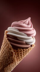 Close up vanilla, chocolate and strawberry ice cream cone