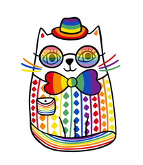 Cute LGBT pride flag colors hand drawn doodle vector cat, rainbow pride flag colors cartoon animal illustration design