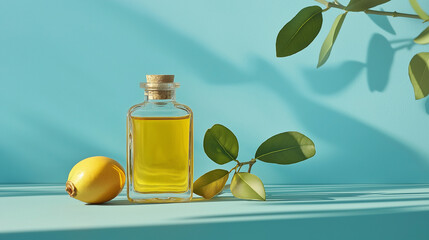 A bottle of jojoba hair oil with fresh olive leaves placed next to it isolated on sky blue background