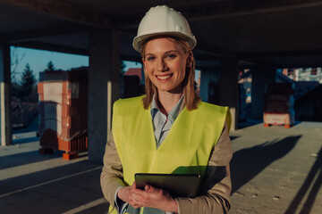 Smiling female architect using digital tablet at construction site
