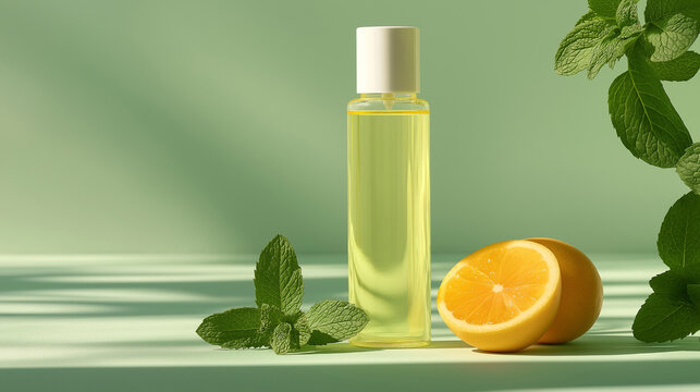 A bottle of peppermint hair oil with fresh orange fruit placed next to it isolated on mint green background 
