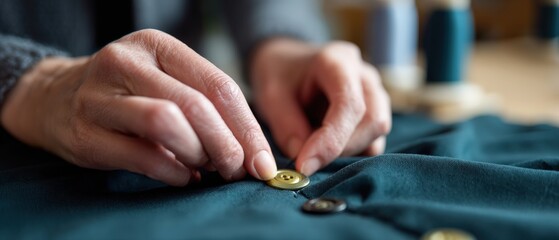 Senior womans hands sewing a gold button onto dark green fabric indoors Closeup of mature seamstress attaching buttons for clothing repair and sustainable fashion