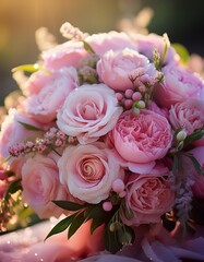 Obraz premium Romantischer Brautstrauß mit zartrosa Pfingstrosen und Rosen, übersät mit funkelnden Tautropfen, in weichem Morgenlicht.