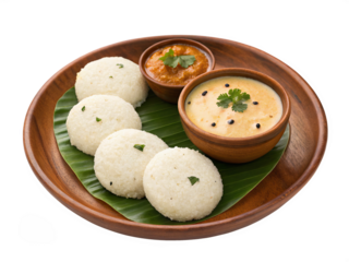 Meduvada with sambar and coconut chutney, a South Indian breakfast dish, served on a brown plate, isolated on transparent background.
