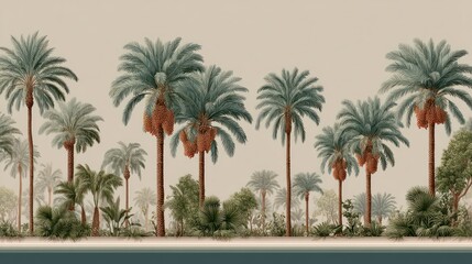 Tropical Palm Tree Oasis Landscape Exotic Botanical Illustration Wall Decor Vintage Style