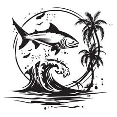 Leaping Fish Over Wave with Palm Tree in a Circle Black and White Silhouette