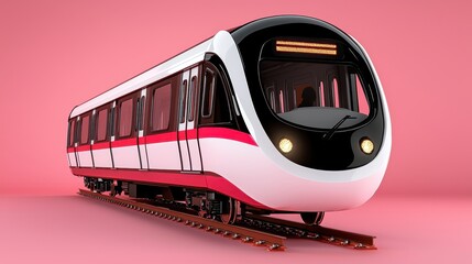 Modern subway train, primarily white and red, on pink background. Digital rendering with pixelated details. Focus on the front of the train