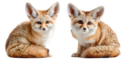 Two fennec foxes isolated on transparent background, adorable desert animals with large ears and sandy fur, a pair of cute canids