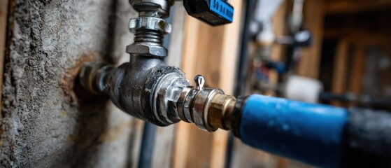 Closeup of a Leaky Metal Water Pipe Connection on a Concrete Wall, Illustrating Plumbing Issues and Home Repair Needs