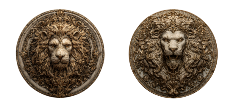 Ornate golden lion heraldic emblem, isolated on transparent background