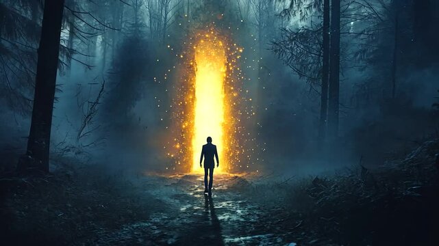 Mysterious forest path, person, portal, glowing light, adventure