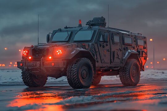 Armored vehicle at dusk, lights glowing