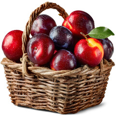 Fresh plums in a rustic basket, isolated on transparent background, showcasing their vibrant colors and juicy texture