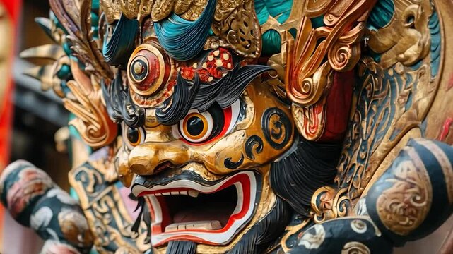 Ornate Tibetan mask, temple facade detail, vibrant colors, intricate carvings