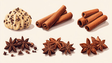Spice Set Featuring Cinnamon, Cardamom, and Star Anise

