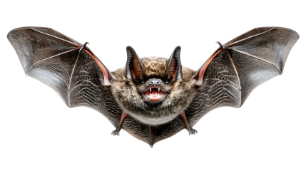 Brown bat with open mouth and sharp teeth isolated on transparent background, wings spread