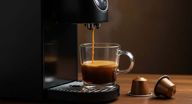 Close up of espresso being poured into a clear glass mug from a black coffee machine with capsules near