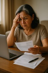 Stressed Older Hispanic Woman Bills Laptop Financial Struggle