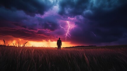 Fototapeta premium Dramatic Lightning in a Vibrant Sunset Sky with a Silhouette Figure
