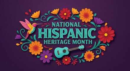 National Hispanic Heritage Month Colorful Paper Cut Style Illustration with Flowers, Hummingbird, and Guitar