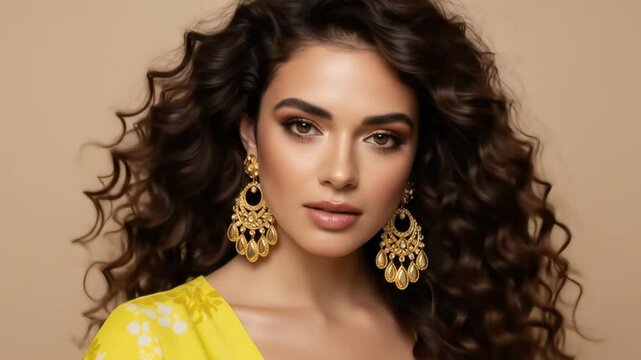 Brunette curly hair gold earrings makeup beauty portrait model 4k video