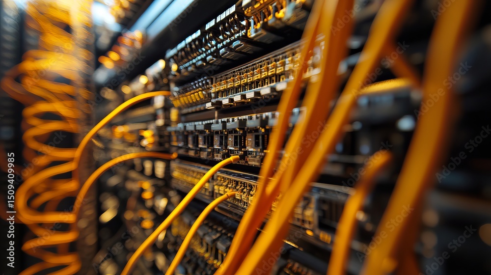Poster network server rack technology orange cables data center digital infrastructure modern technology hi