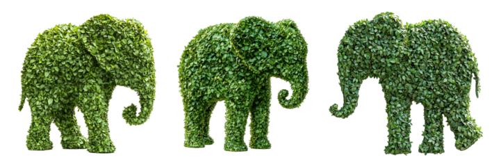 Set of green elephant-shaped bush isolated on transparent background