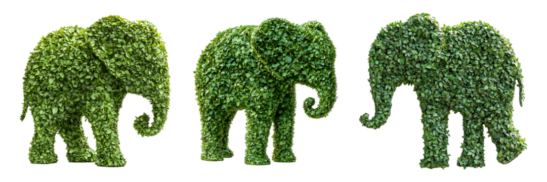 Set of green elephant-shaped bush isolated on transparent background