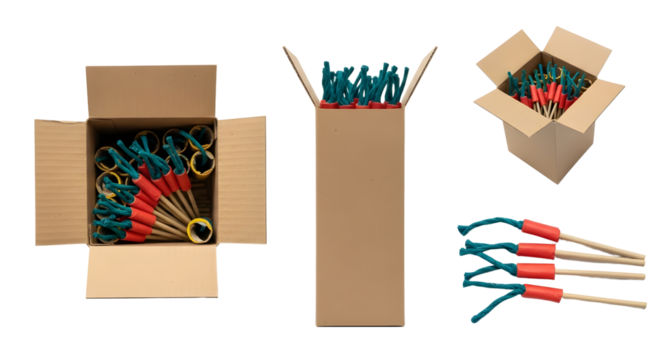 Buy assorted fireworks online for sale in bulk cardboard boxes for celebration and festive occasions on transparent background