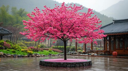 Obraz premium Blooming pink tree rises above pond; Asian architecture
