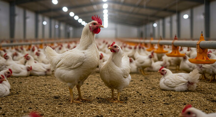 A large group of white broiler chickens in a poultry farm with feeding equipment and indoor lighting