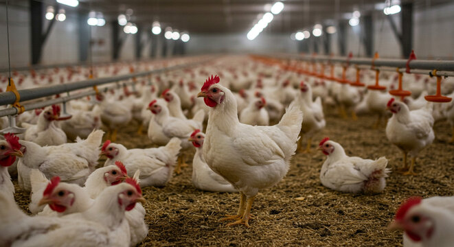 A large group of white chickens in a poultry farm with feeding system and artificial lighting system