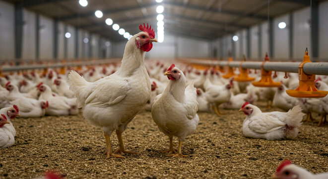 A large group of white broiler chickens in a poultry farm with feeding equipment and indoor lighting
