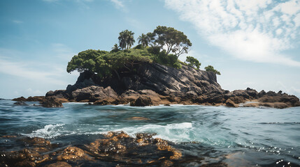 Low-angle shot of a tropical island with a rocky coastline