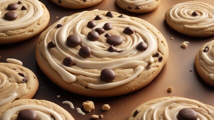 Scrumptious cookies with creamy frosting swirls and chocolate chips, perfect as a vibrant wallpaper or background. National Chocolate Chip Cookie Day