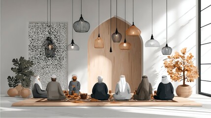 Group of individuals in traditional attire gathered for a communal meal in a warmly lit cultur