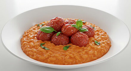 A delectable bowl of risotto, topped with perfectly cooked meatballs and fresh basil.