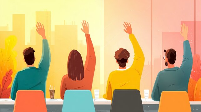 Group of individuals raising hands in a vibrant classroom setting ideal for education teamwor