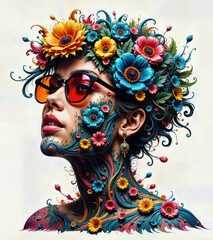 Surreal portrait of a woman covered in vibrant flowers and flowing patterns, wearing stylish sunglasses. Colorful, artistic, and psychedelic style.
