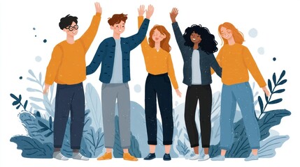 Group of Friends Celebrating Together with Raised Hands and Smiles Illustration for Social Med