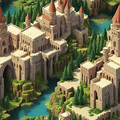 Seamless tile isometric fantasy castle complex with towers, bridges, and buildings, set in lush green hills and a river valley, rendered in a detailed blocky, game-like style.