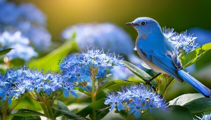Obraz premium vibrant blue bird perched on green leaves surrounded by delicate blue flowers creating serene and picturesque scene in nature
