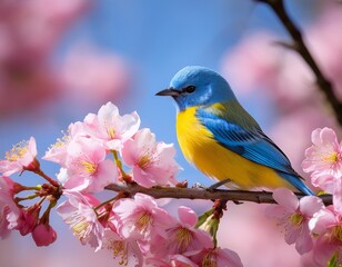 vibrant blue and yellow bird perched on branch adorned with delicate pink blossoms showcasing beauty of nature in spring