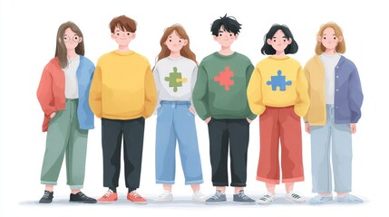 Obraz premium Group of Diverse Individuals Wearing Colorful Outfits with Puzzle Piece Designs Symbolizing Un