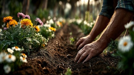 Fototapeta premium Gardening Hands Tending to Vibrant Flowers in a Lush Garden CloseUp of Careful Planting and C