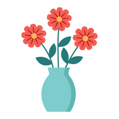 Flat vector illustration of three red flowers with green leaves arranged in a turquoise vase. Bright, cheerful and minimal floral design isolated on white background.