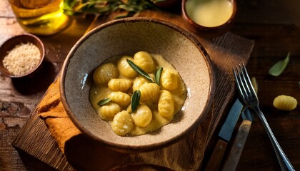 warm gnocchi with sage butter sauce shot overhead in rustic bowl against cozy tuscan kitchen evening light