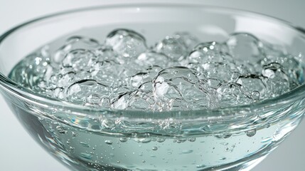 Bubbles fill clear glass cup, watery, light background