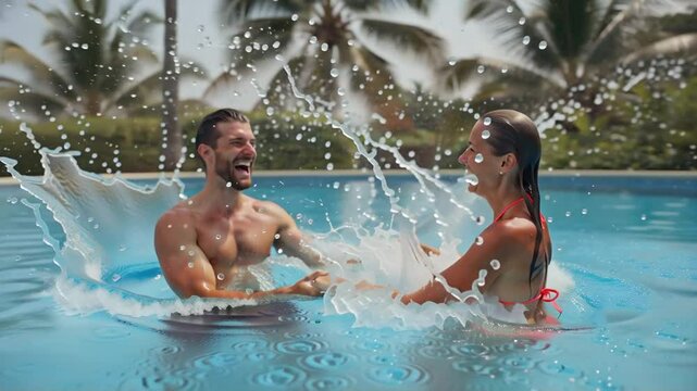 happy positive man and woman jumping into pool summer resort vacation